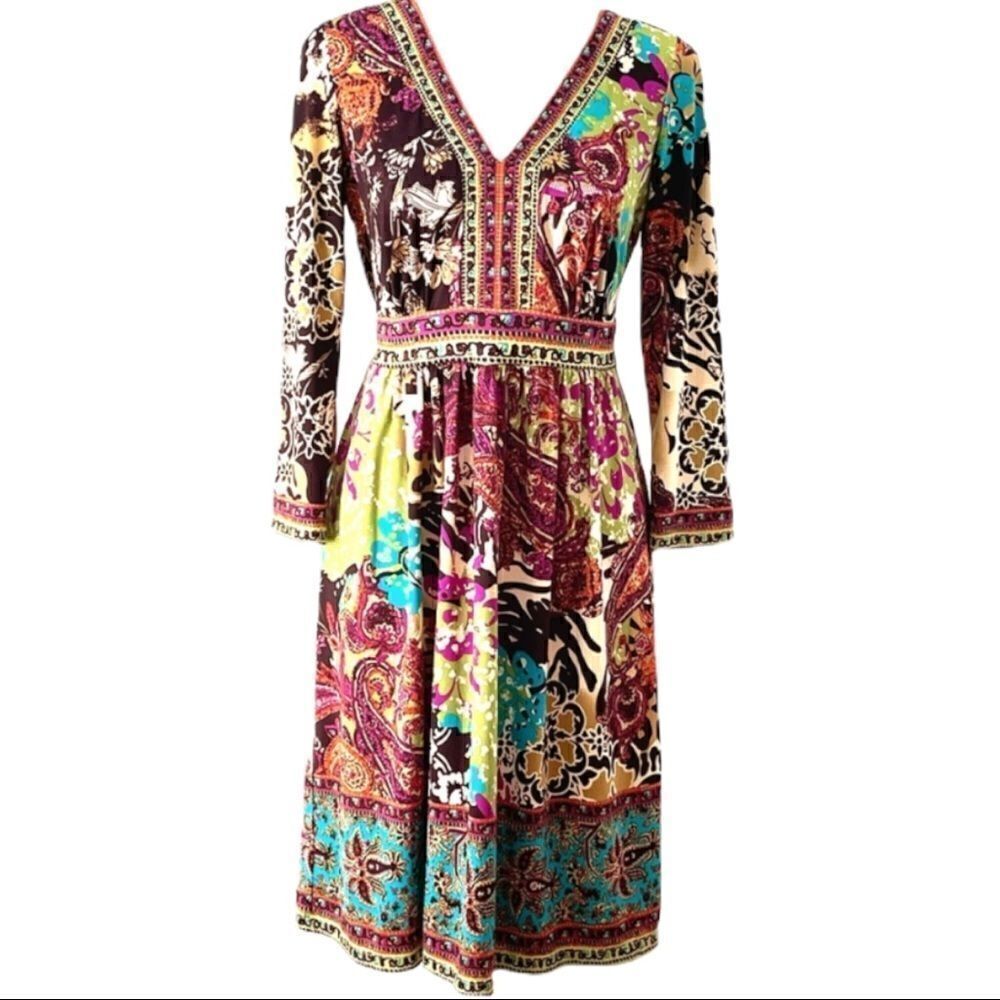 eci New York Multi-colored V-Neck Fit & Flare Dress SMALL